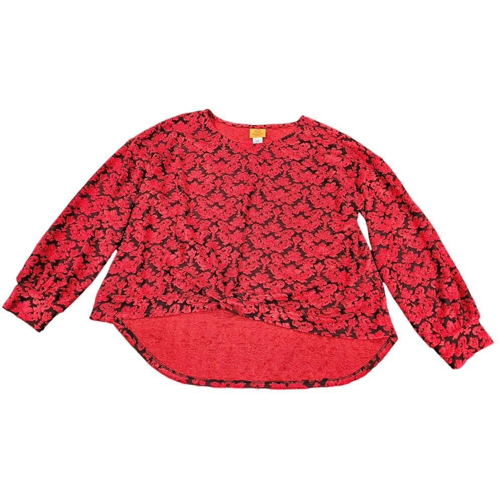 Ruby Rd Petite Burnout Velvet Red Black Floral Top PXL XL Romantic